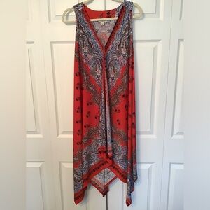 ONE WORLD Womens Sleeveless RED/Black Paisley Print V-Neck Caftan/Tunic/Dress 1X